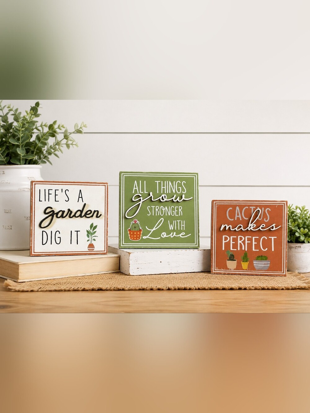 Set of 3 Rustic Garden & Cactus Themed Wooden Wall Plaques Farmhouse Decor
